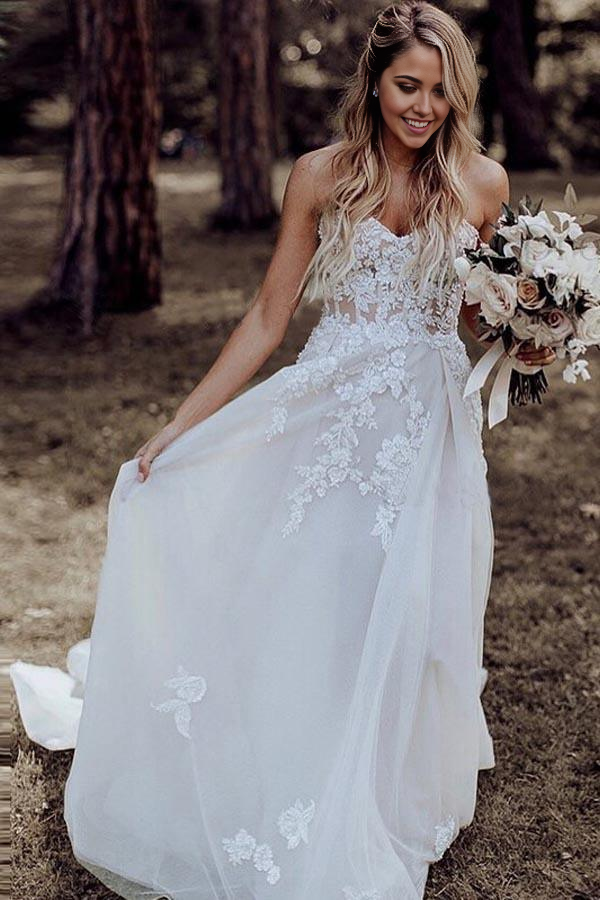 Wholesa A-Line Sweetheart Appliques Sweep Train Wedding Dress with Beading