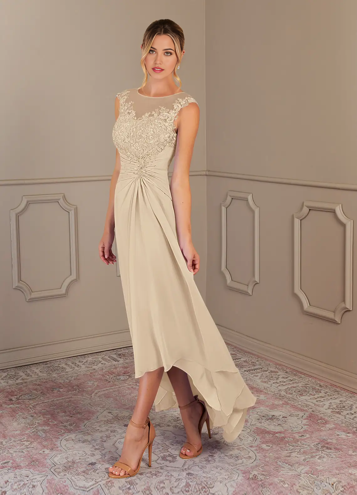 Wholesa A-Line Scoop Lace Chiffon Champagne formal dresses evening gown Mother of the Bride Dresses