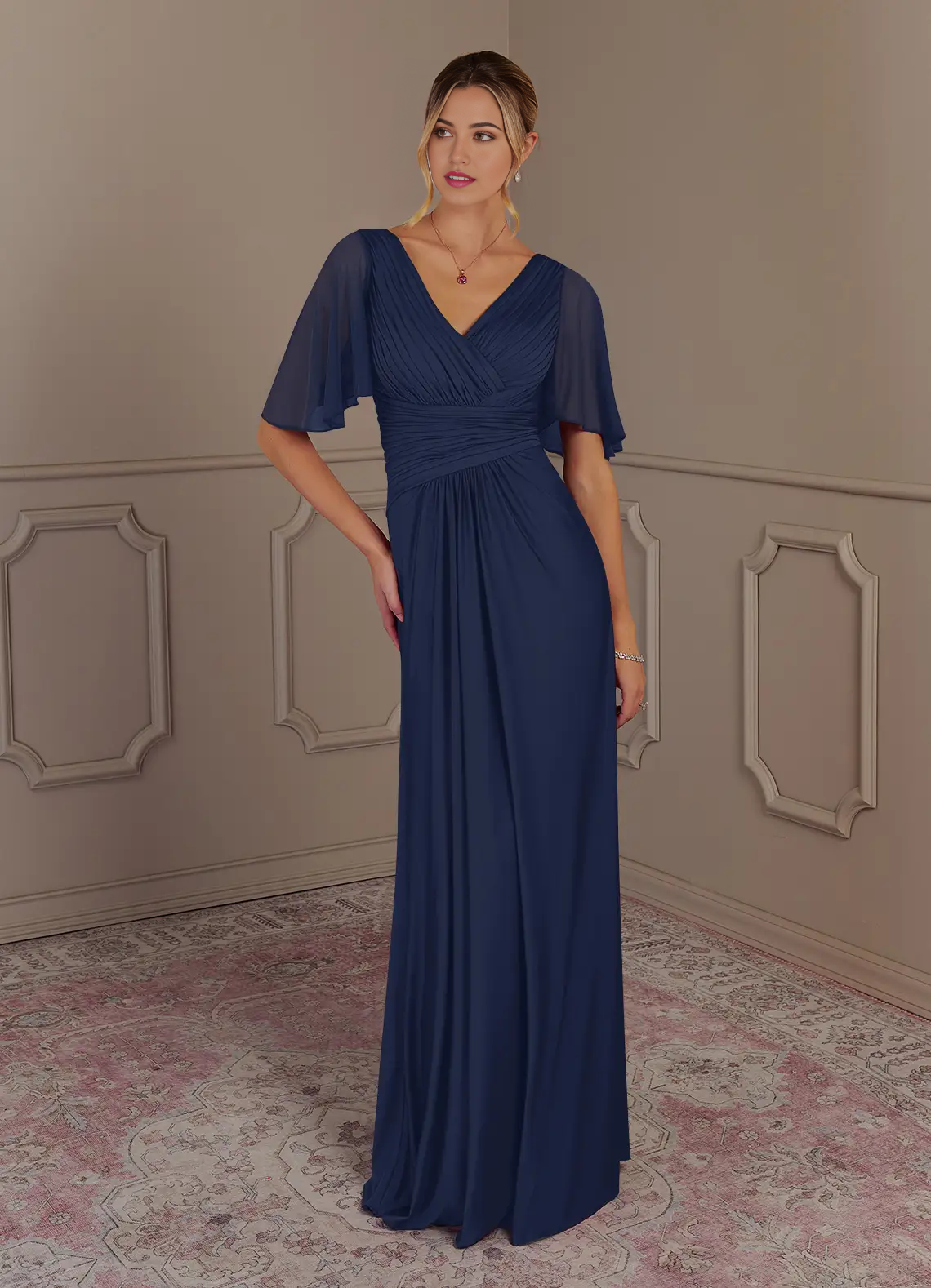Wholesa A-Line V-Neck Pleated Dark Navy formal dresses evening dress Mother of the Bride Dresses