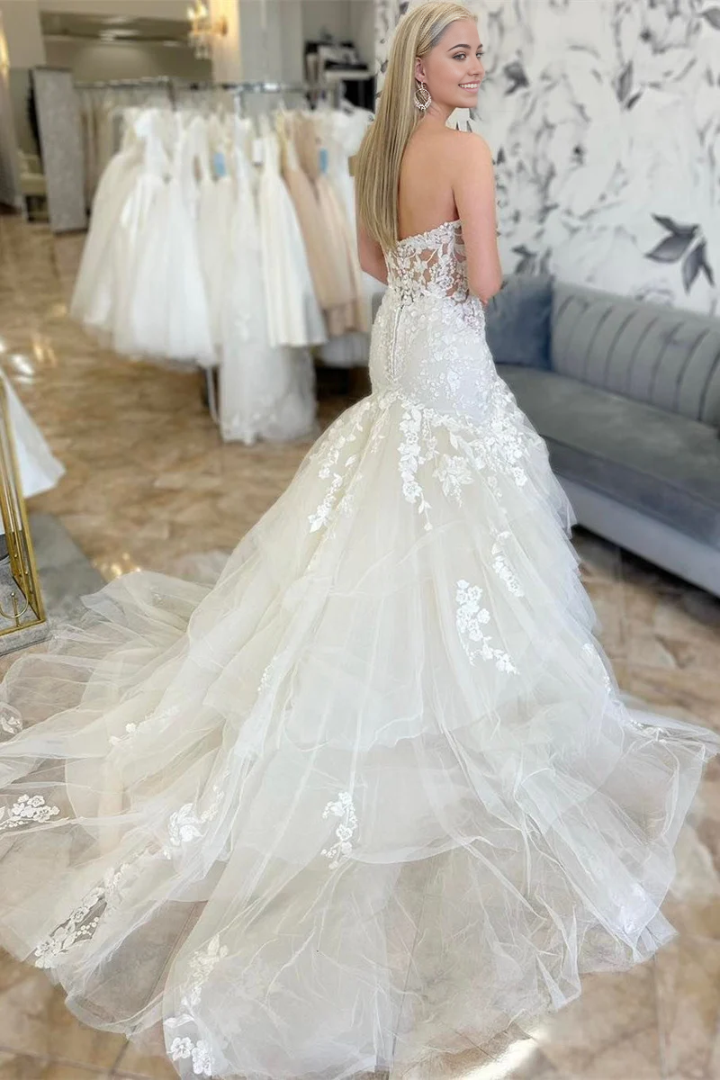 Wholesa Mermaid Appliques Multi-Layer Trumpet Long Wedding Dress