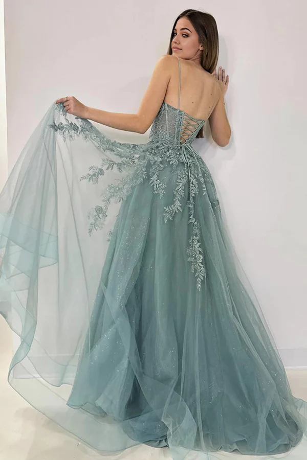 Wholesa A-Line V Neck Tulle Lace Long Prom Dress