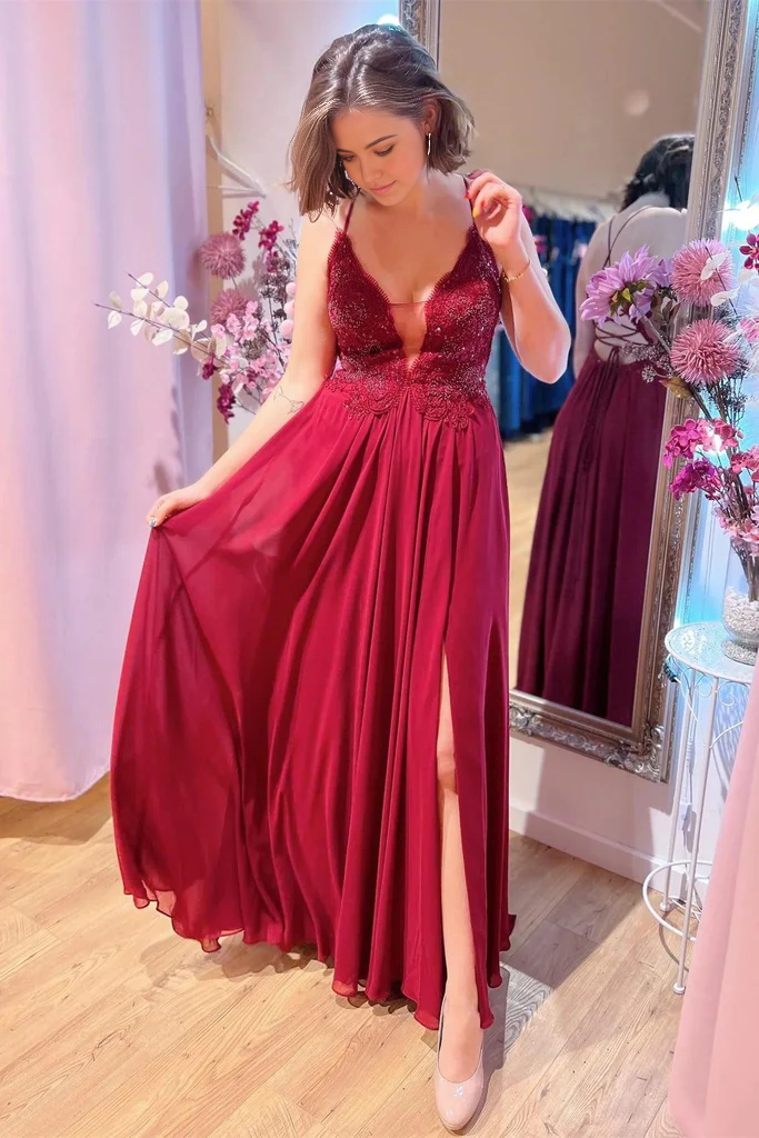 Wholesa A-line V Neck Burgundy Plunging Beaded Appliques Long Prom Dress with Slit
