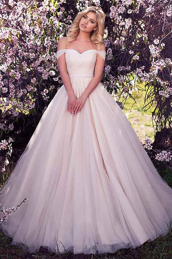 Wholesa A-line Off-the-shoulder Tulle Neckline Wedding Dress With Beading