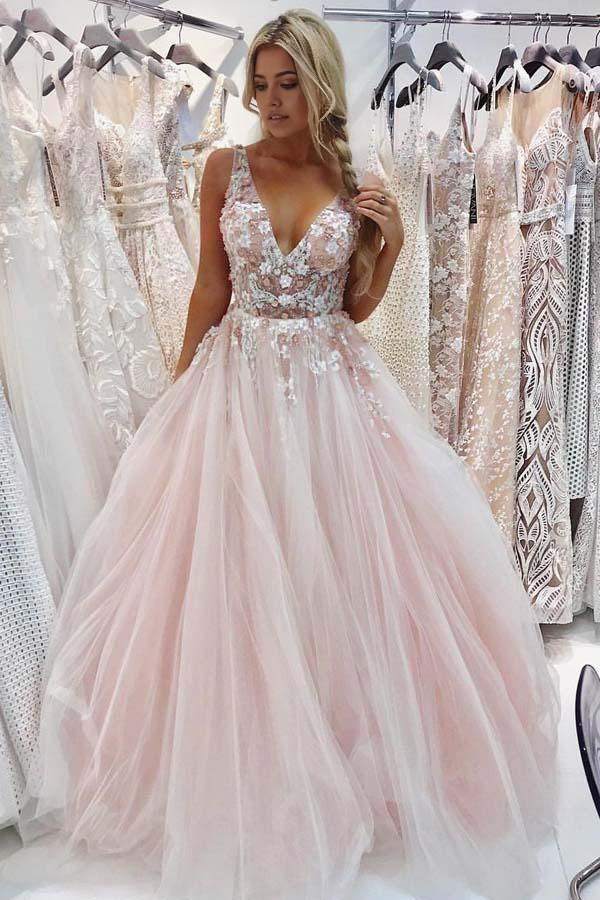 Wholesa A-Line V-Neck Appliques Beading Floor-Length Pink Prom Dress