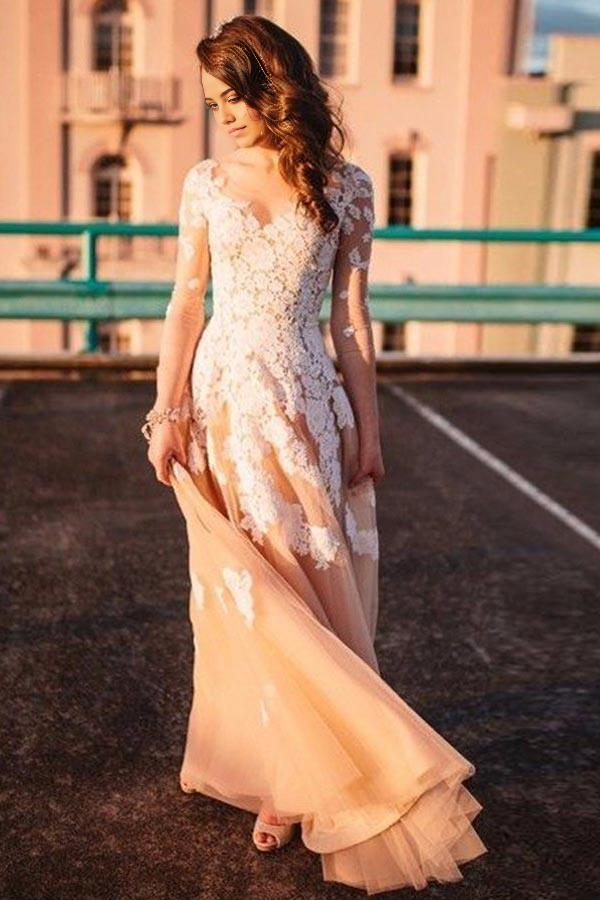 Wholesa A-Line Scoop 3/4 Sleeves Tulle Prom Dress Wedding Dresses with Appliques