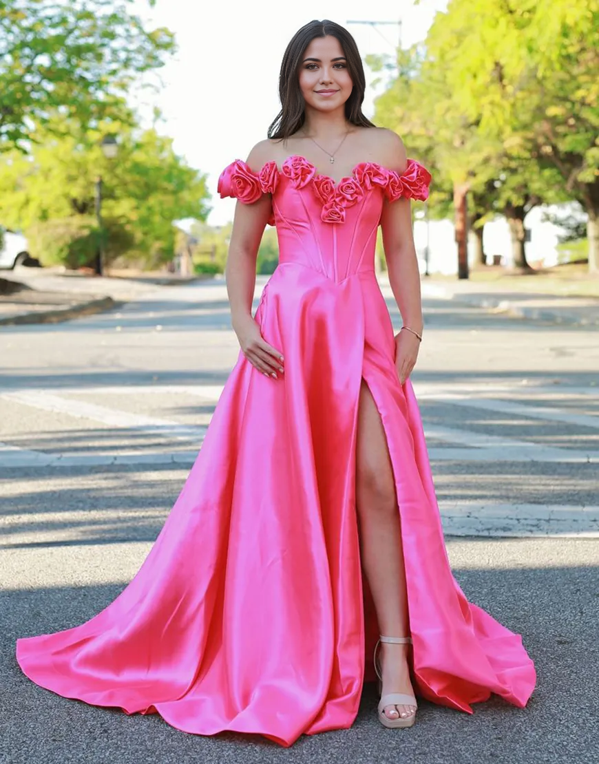 Wholesa A-Line Flowers Off the Shoulder Corset Satin Pink formal dresses evening dress Long Prom Dress with Slit