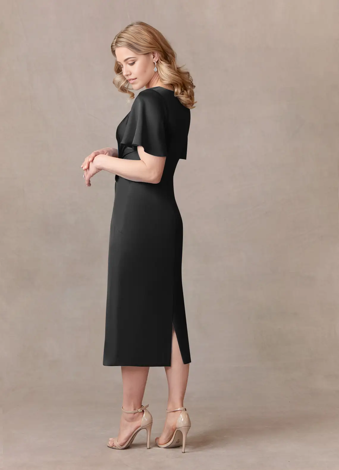 Wholesa Sheath Crew Neck Pleated Tea Length Satin Black formal dresses evening dress Mother of the Bride Dresses