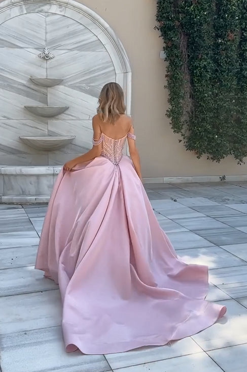 A Line Off the Shoulder Strapless V Neck Sleeveless Bead string Ruched With Split Gorgeous Evening Gowns Exquisite Long Prom Dress