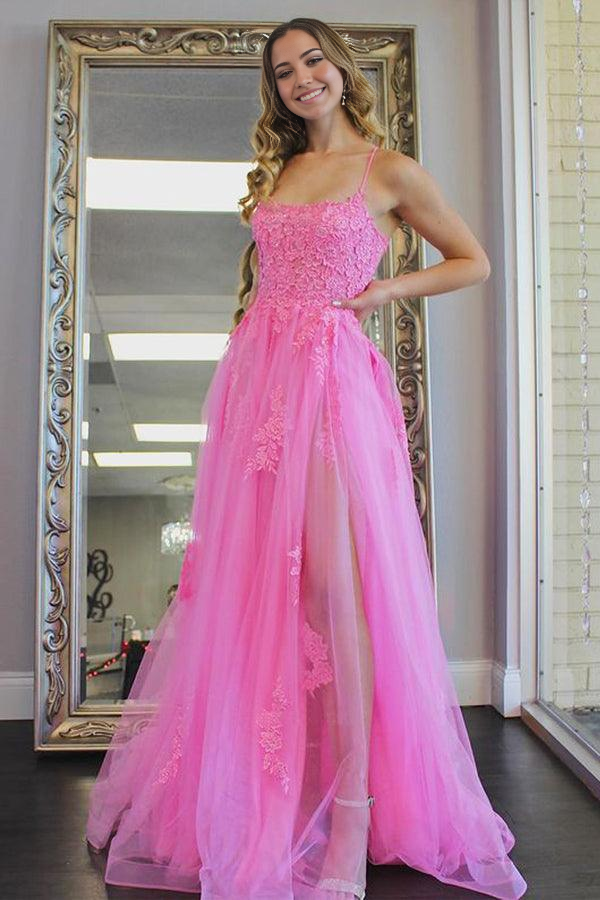 Wholesa A Line Scoop Neck Tulle Hot Pink Prom Evening Dresses with Split