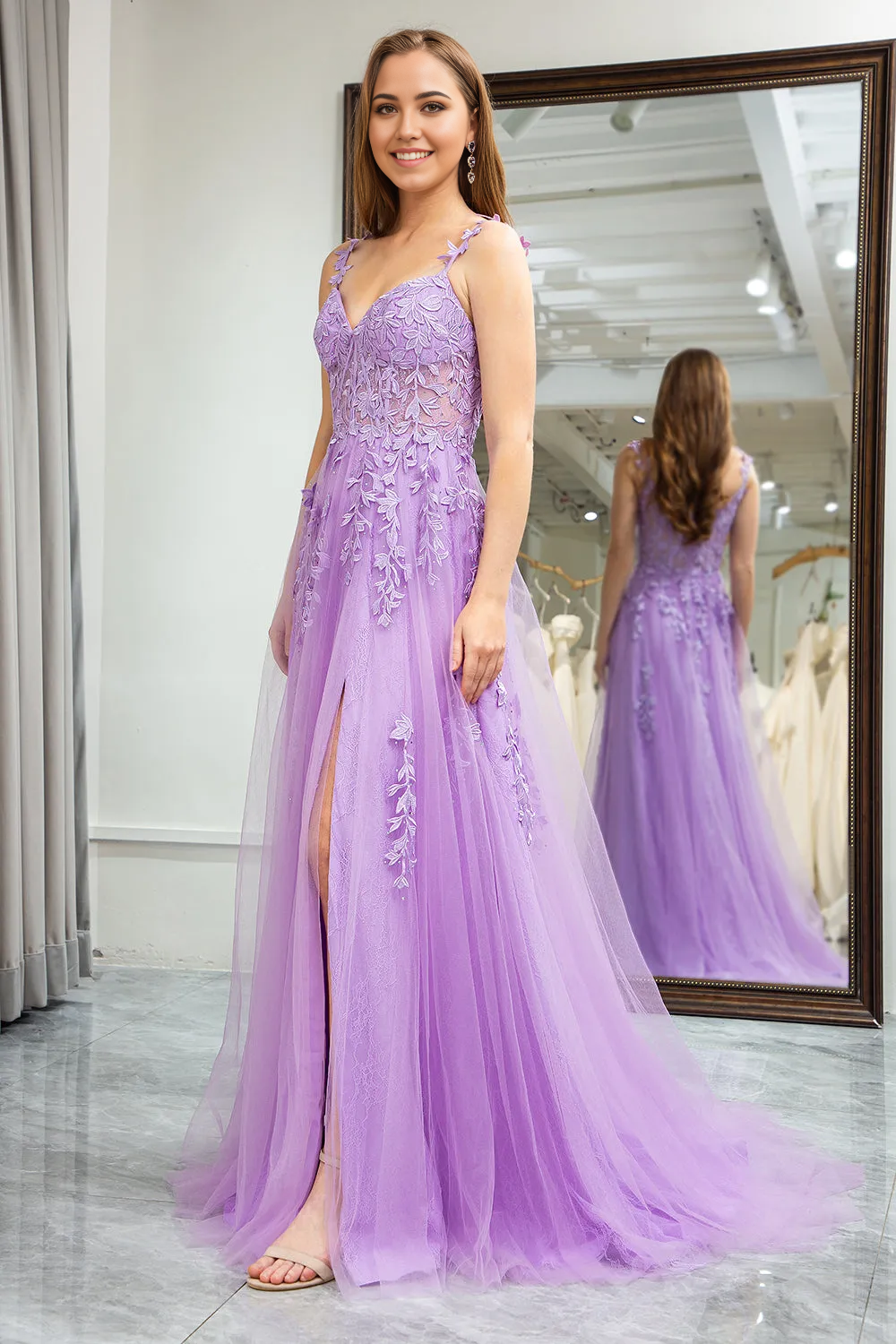 Wholesa A-Line Spaghetti Straps Appliqued Lilac Long Tulle formal dress evening gown Prom Dress With Slit