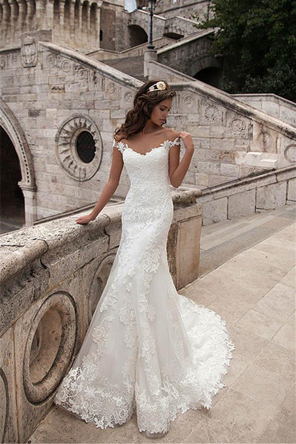 Wholesa Mermaid Illusion Neckline Lace Long Wedding Dresses