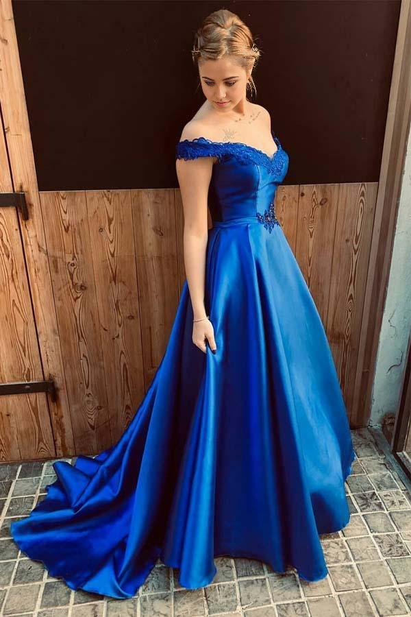 Wholesa A-line Off the Shoulder Lace-Up Back Royal Blue Long Prom Dress