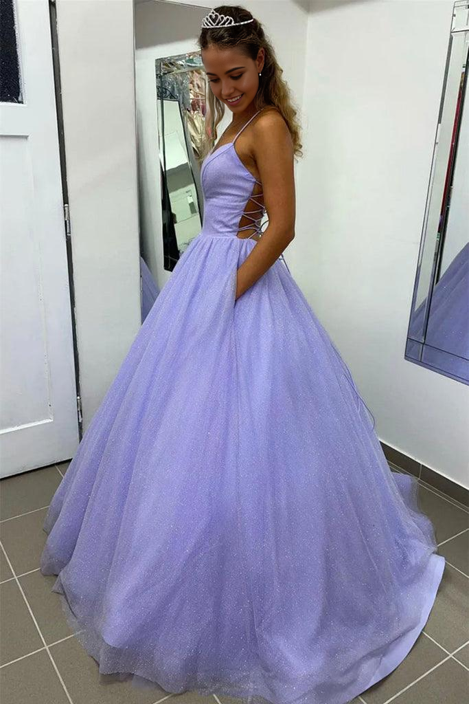 Wholesa A Line V Neck Tulle Shiny Lavender Prom Formal Dress With Pocket