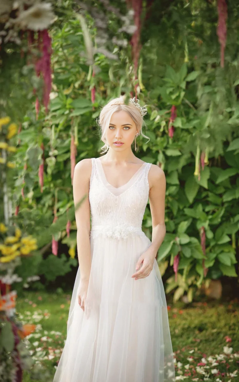 Wholesa A-line Chiffon Tulle Lace Weddig Dress With Beading Sequins