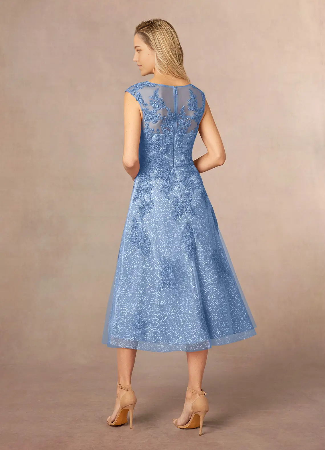 Wholesa A-Line Boatneck Lace Tulle Tea Length Steel Blue formal dresses evening dress Mother of the Bride Dresses