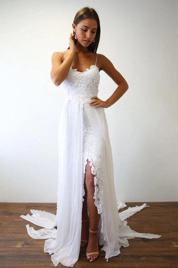 Wholesa Beach A-line Sexy Spaghetti Straps White Long Wedding Dress