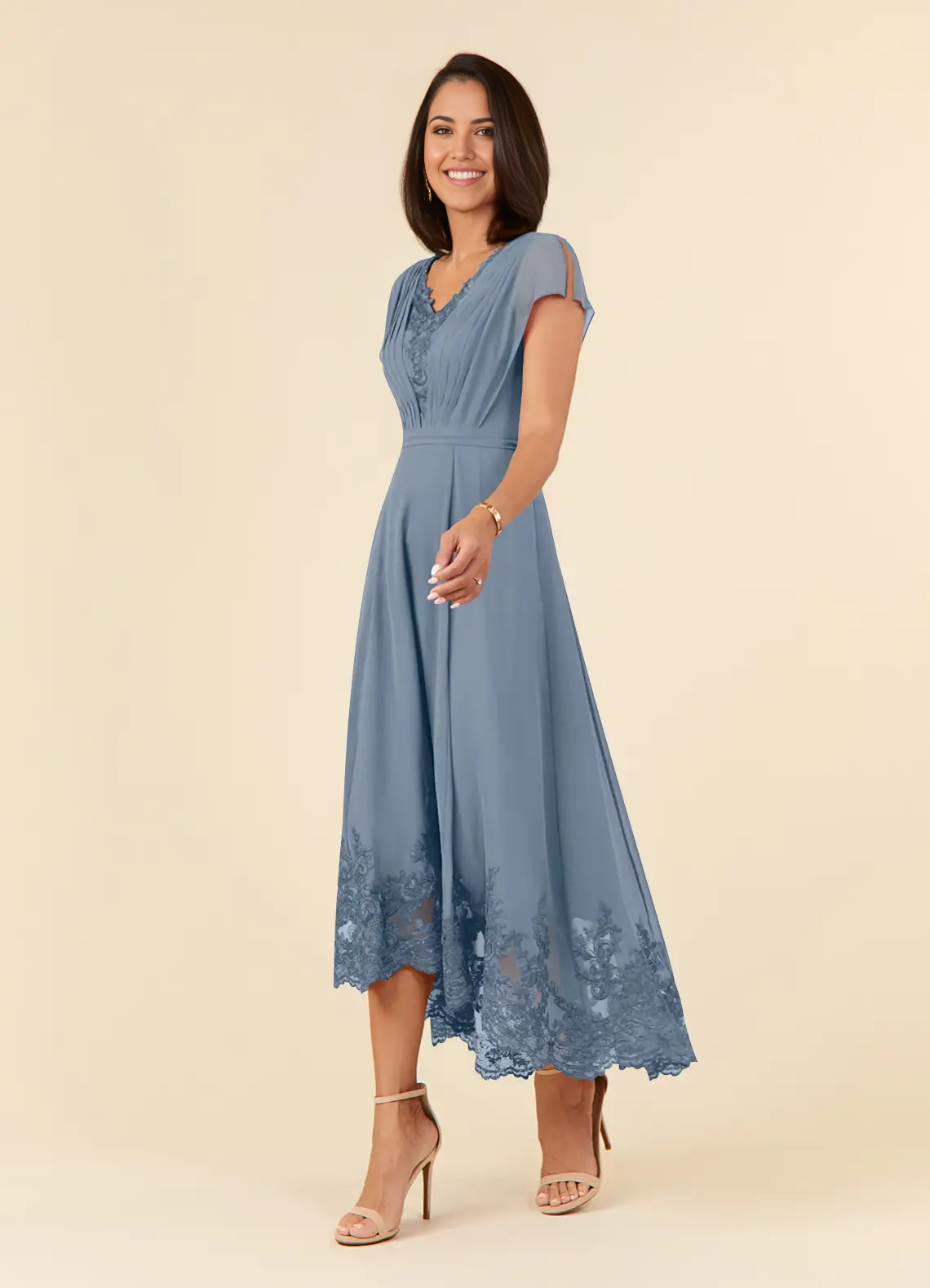 Wholesa A-Line V-Neck Lace Appliques Chiffon Tea Length Dress formal dresses evening dress Mother of the Bride Dresses