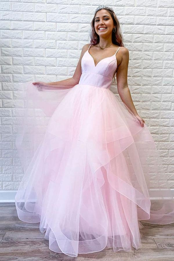 Wholesa Spaghetti Straps Simple Pink Tulle Ruffles Long Prom Dresses Formal Dress