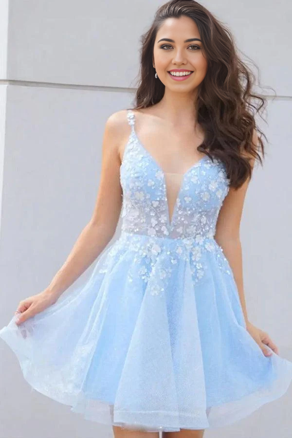 Wholesa A-line Cute V Neck Light Blue Lace Floral Short Prom Homecoming Dresses