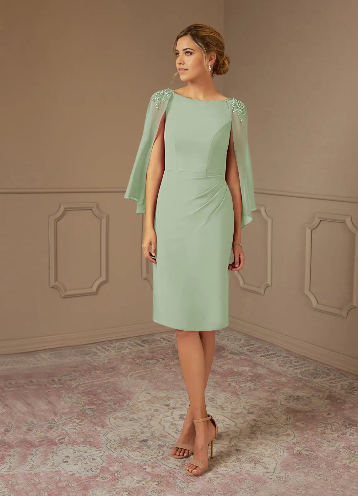 Wholesa Sheath Lace Chiffon Tea Length Dusty Sage formal dresses evening dress Mother of the Bride Dresses