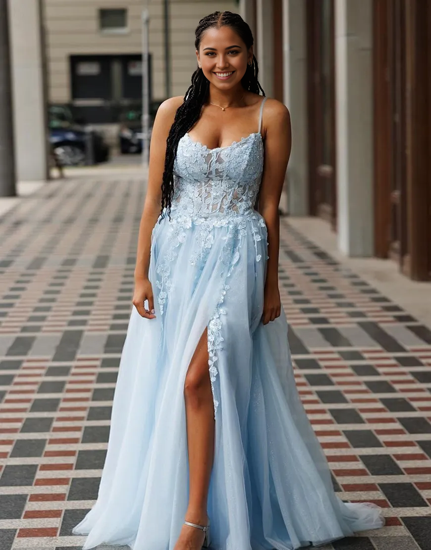 Wholesa A-Line Sparkly Spaghetti Straps Corset Appliques Light Blue formal dresses evening gown Prom Dress with Slit