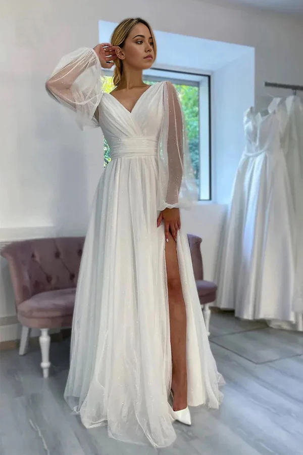 Wholesa Beach A-Line Sparkly V-Neck Long Sleeves Wedding Dress