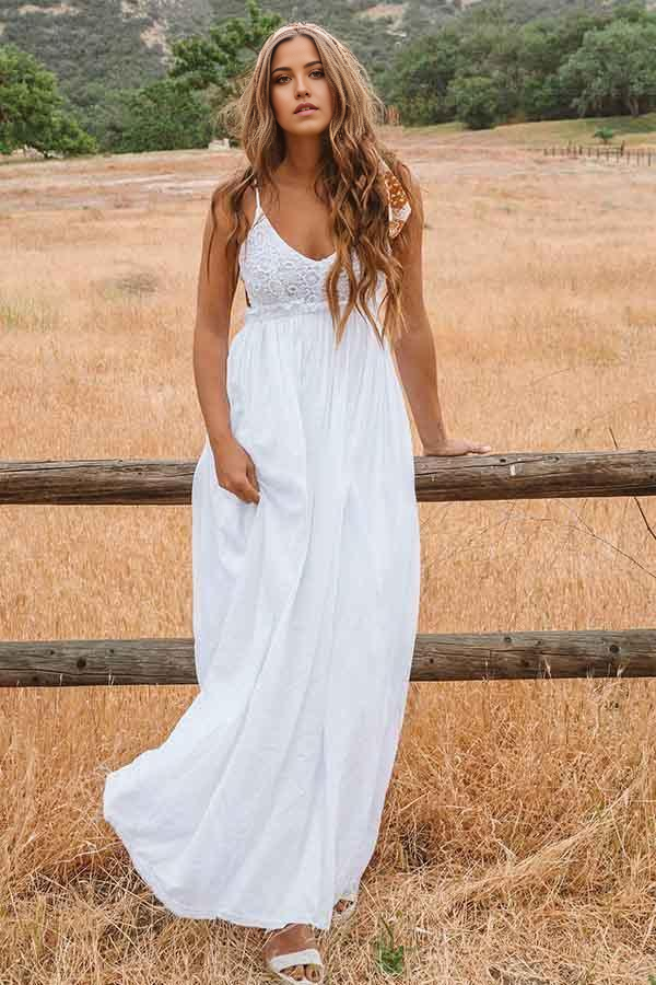 Wholesa Beach A-Line Scoop Backless Floor Length Wedding Dress with Lace