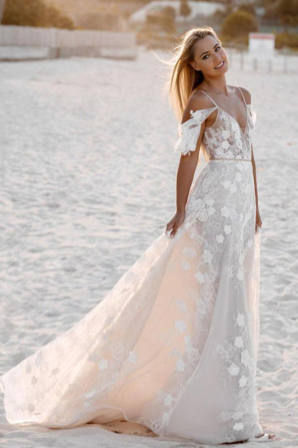 Wholesa Beach Romantic Spaghetti Straps Floral Lace Wedding Dresses