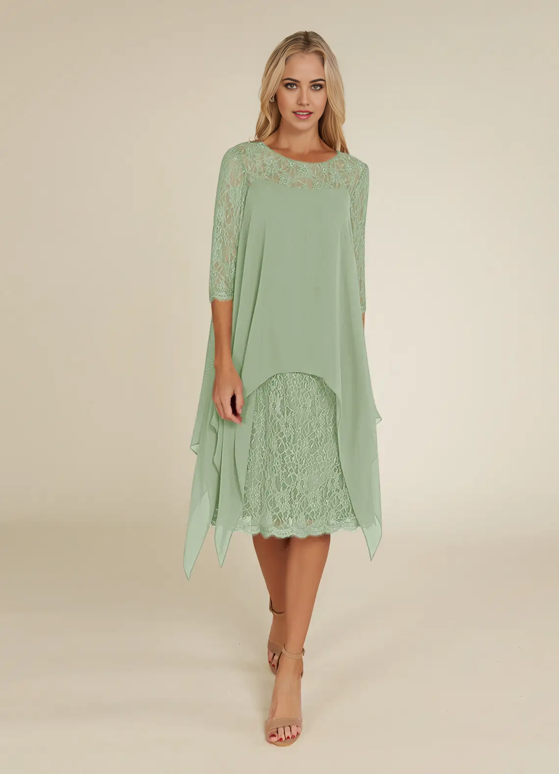 Wholesa A-Line Crew Neck Lace Chiffon Dusty Sage formal dresses evening dress Mother of the Bride Dresses