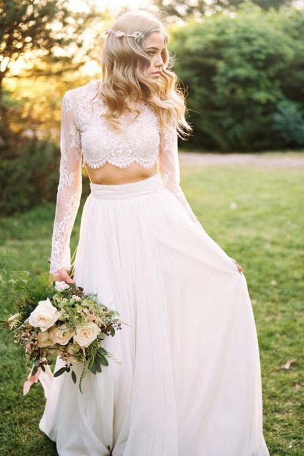 Wholesa Two Piece A Line Round Neck Long Sleeves Lace Beach Wedding Dresses