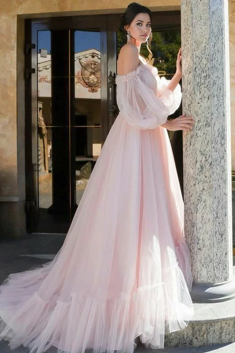 Wholesa A-line Off-shoulder Sweetheart Tulle Wedding Dress With Poet Sleeves
