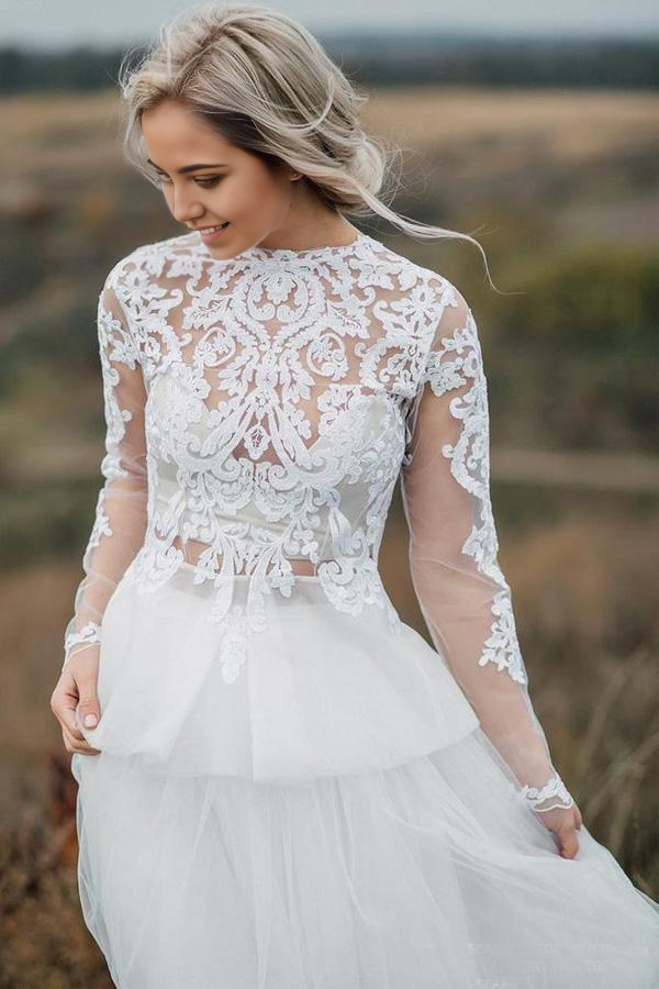 Wholesa Boho A-line V Back Bridal Lace Gown Separates Wedding Dress