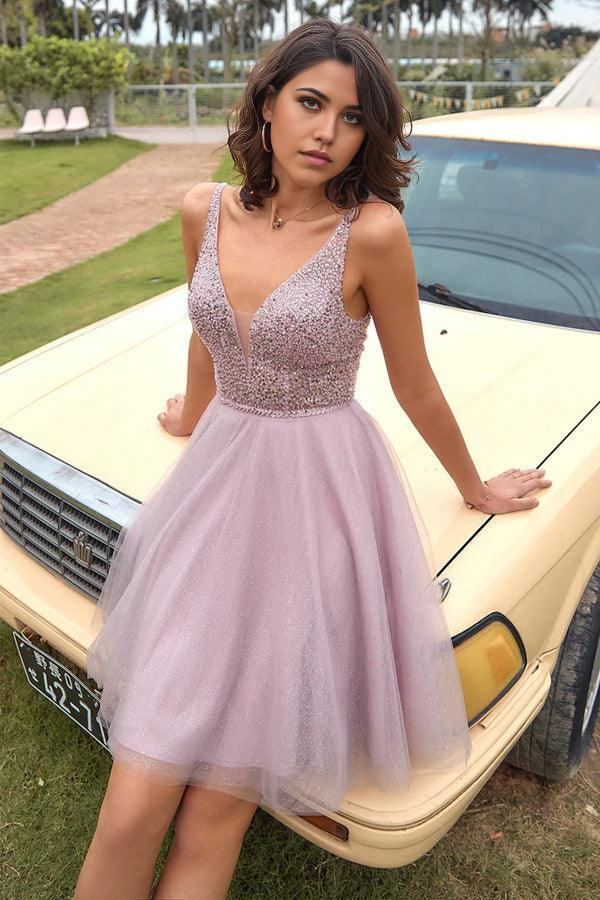 Wholesa A-line V Neck Open Back Blush Pink Sequin Short Prom Homcoming Dress