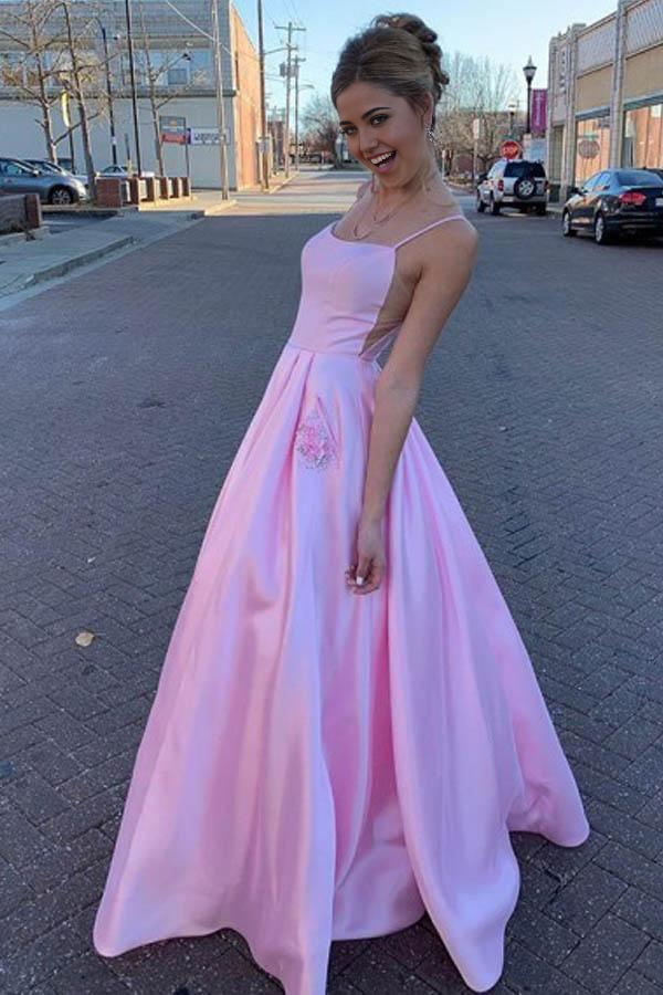 Wholesa A Line Floor Length Satin Pink Prom Dress With Pockets