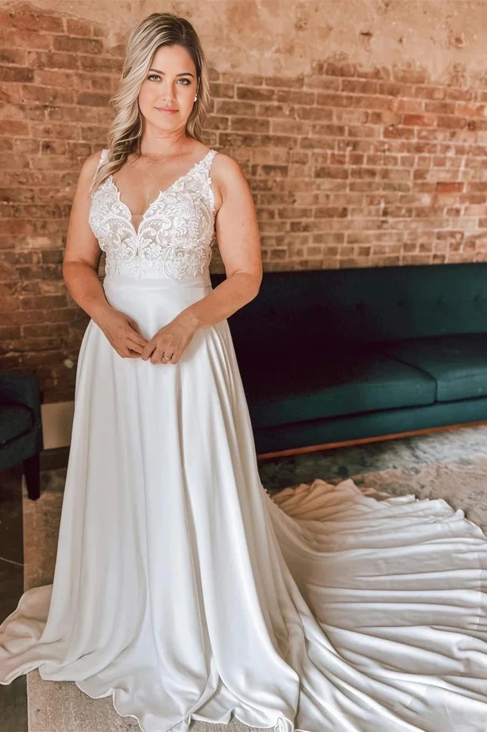 Wholesa A Line Floral Lace Open Back Ivory Long Wedding Dresses
