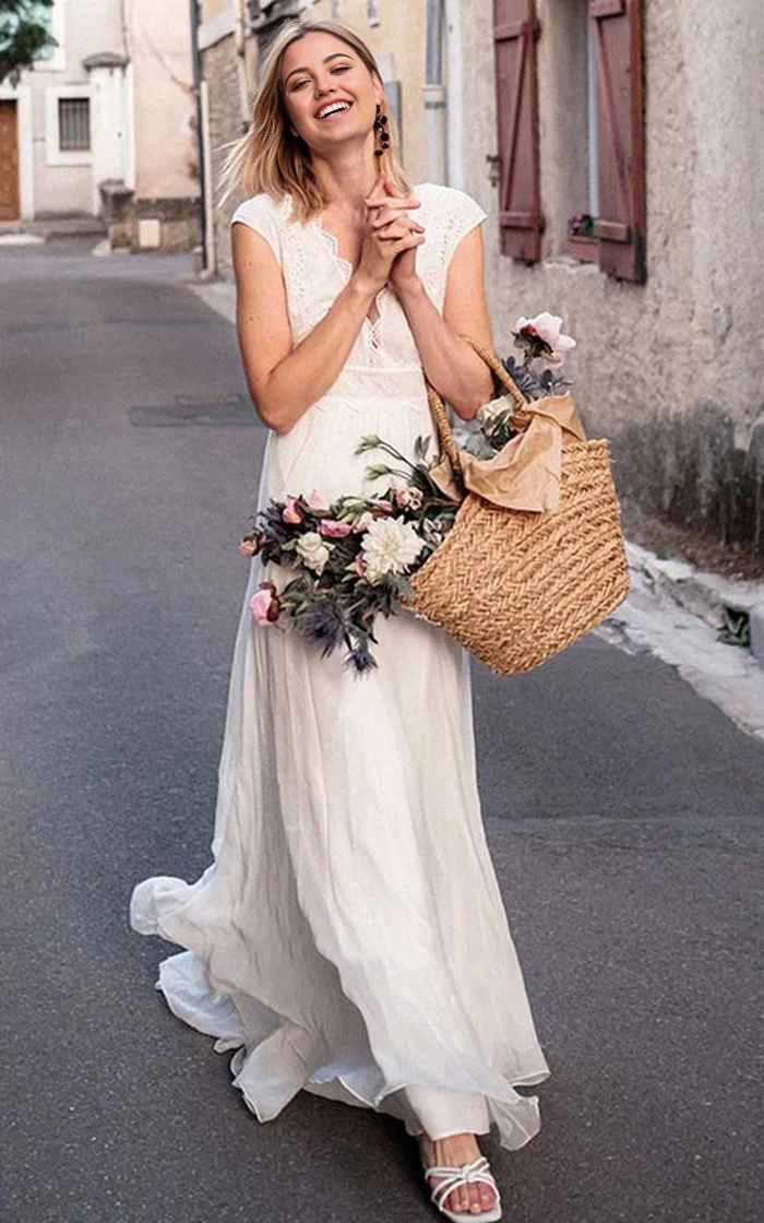 Wholesa A Line Chiffon Low-V Back Lace V-neck Short Sleeve Wedding Dress
