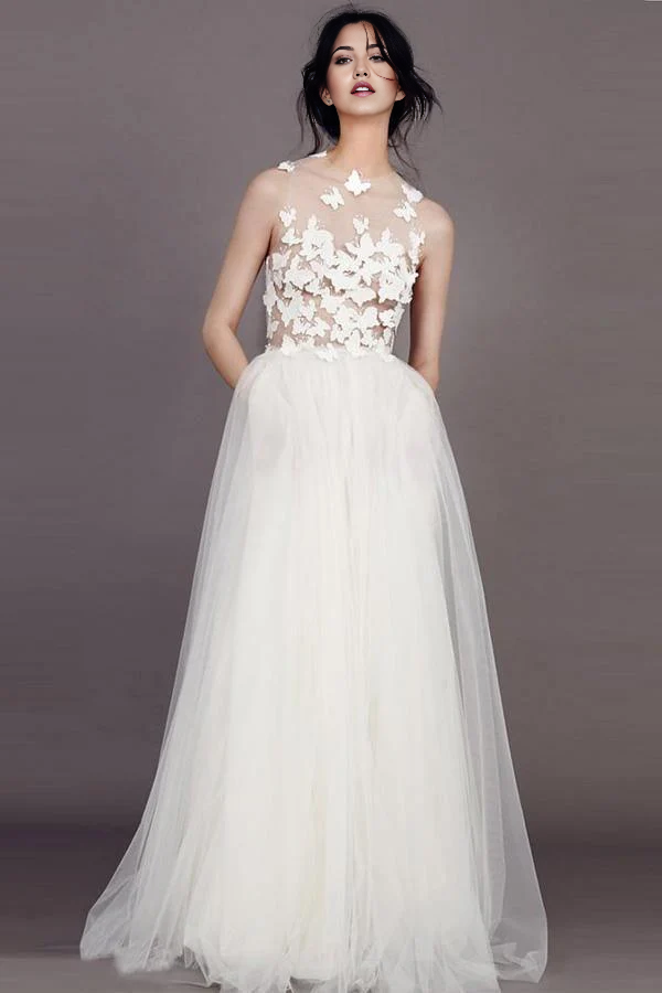 Wholesa A-line Butterfly Scoop Appliques Tulle Ivory Bridal Gown Wedding Dresses