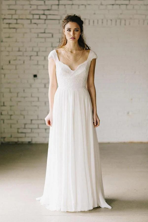 Wholesa A-Line Lace Cap Sleeve Vintage Chiffon Ivory Wedding Dresses