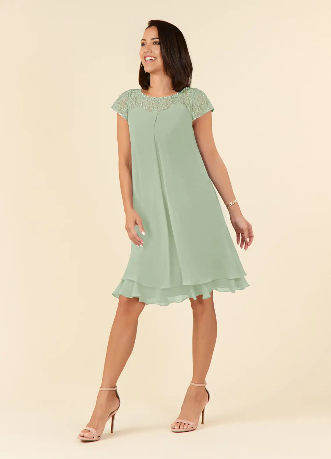 Wholesa Elegant Crew Neck Chiffon Tea Length Dusty Sage formal dresses evening dress Mother of the Bride Dresses