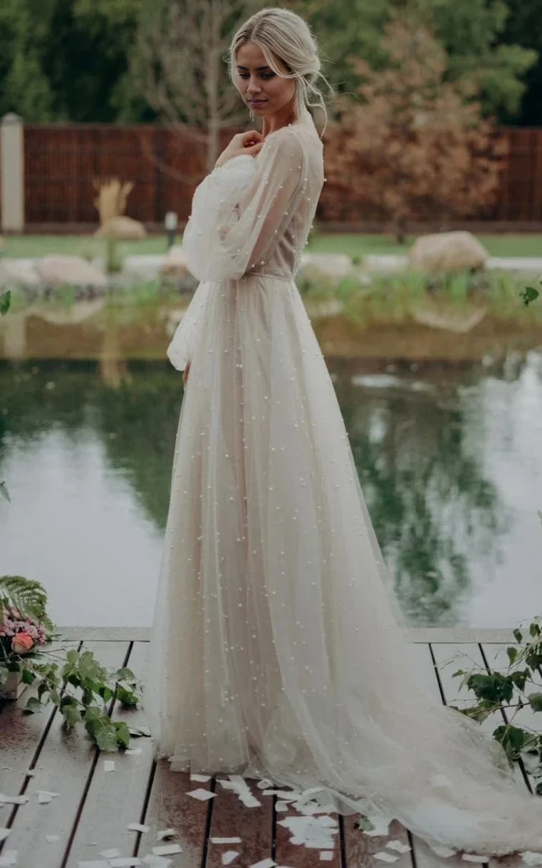 Wholesa A-Line Simple Modest Long Sleeve Tulle Elopement Illusion Wedding Dresses