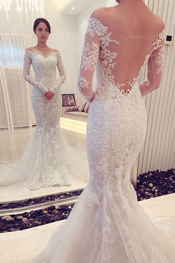 Wholesa Mermaid Charming Off The Shoulder Long Sleeves Lace Wedding Dress