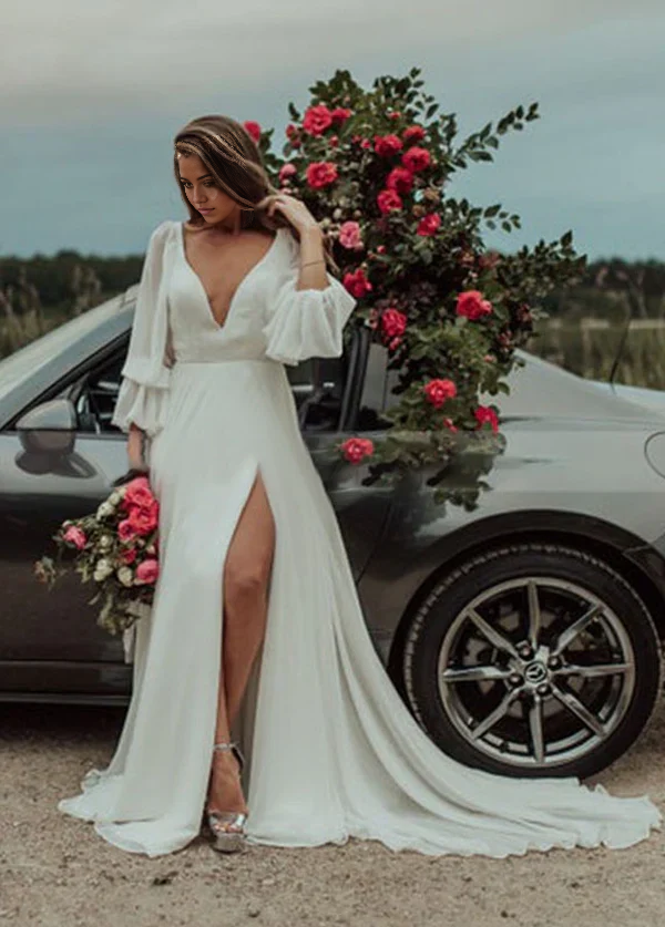 Wholesa A-Line Beach V-Neck Long-Sleeve High Slit Romantic Chiffon Wedding Dresses