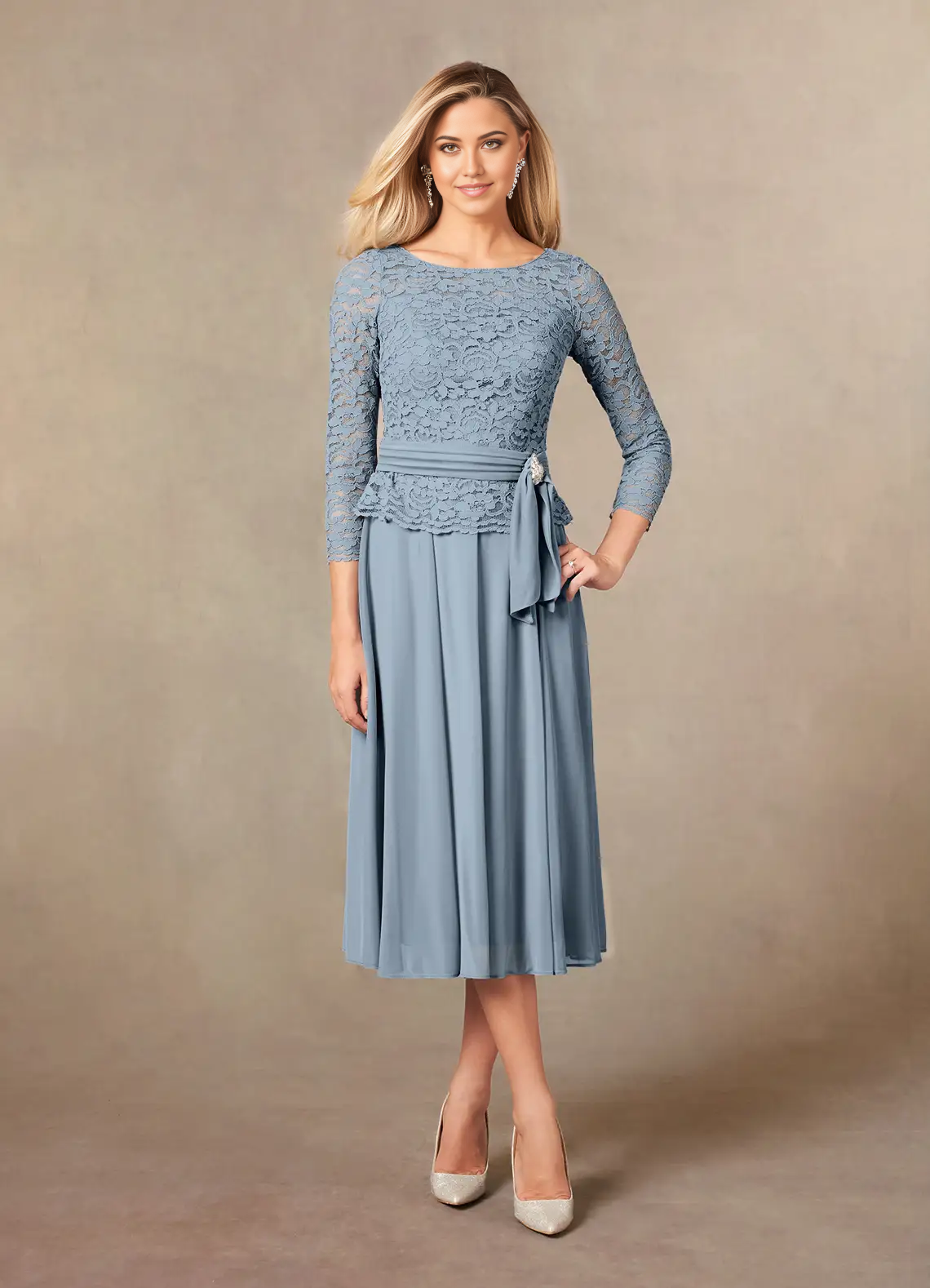 Wholesa A-Line Crew Neck Tea Length Lace Dusty Blue formal dresses evening dress Mother of the Bride Dresses
