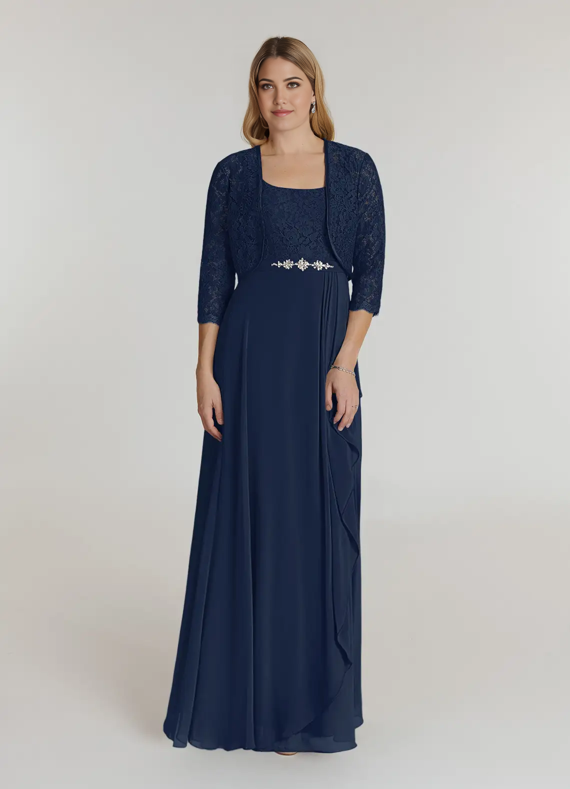 Wholesa A-Line Square Neckline Lace Chiffon Dark Navy formal dresses evening dress Mother of the Bride Dresses