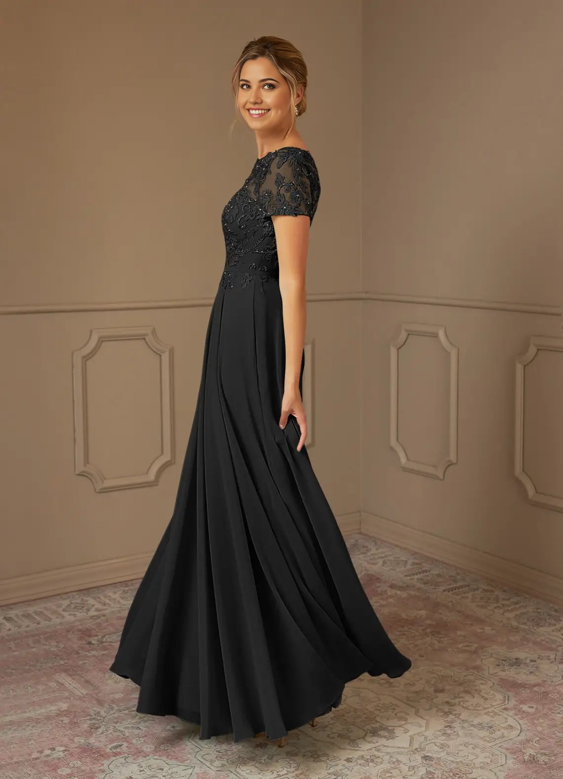 Wholesa A-Line Boatneck Sequins Chiffon Black dresses formal Mother of the Bride Dresses