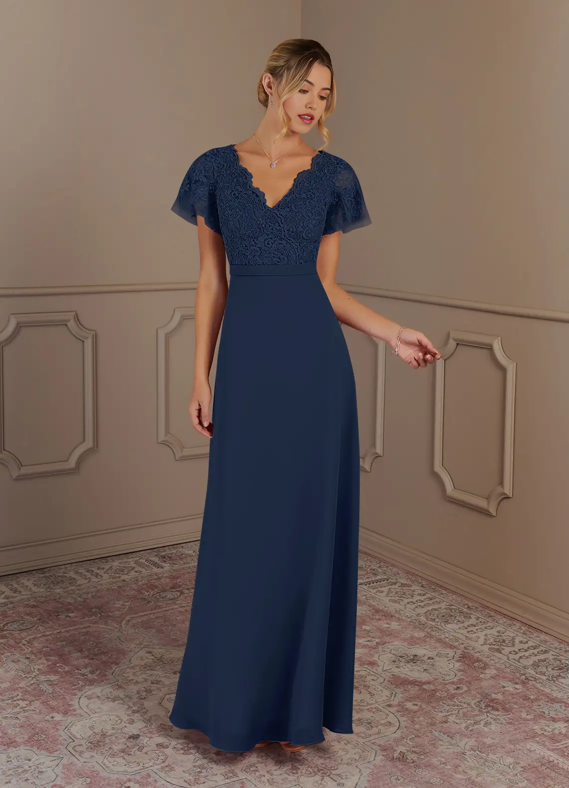 Wholesa A-Line V-Neck Lace Chiffon Dark Navy Mother of the Bride Dresses