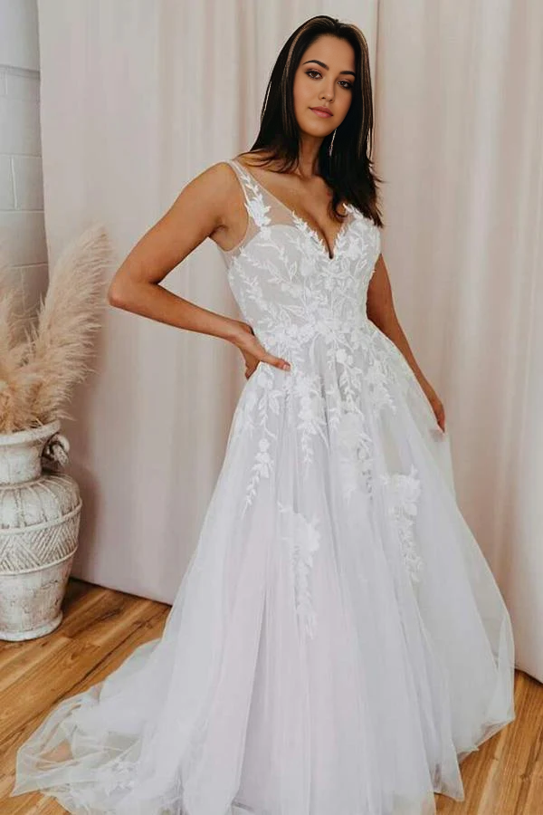 Wholesa A-line V Neck Tulle Lace Appliques Romantic Bridal Gown Wedding Dress