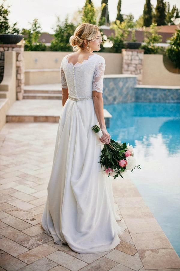 Wholesa A-Line Beading Lace Ivory Half Sleeve Wedding Dress