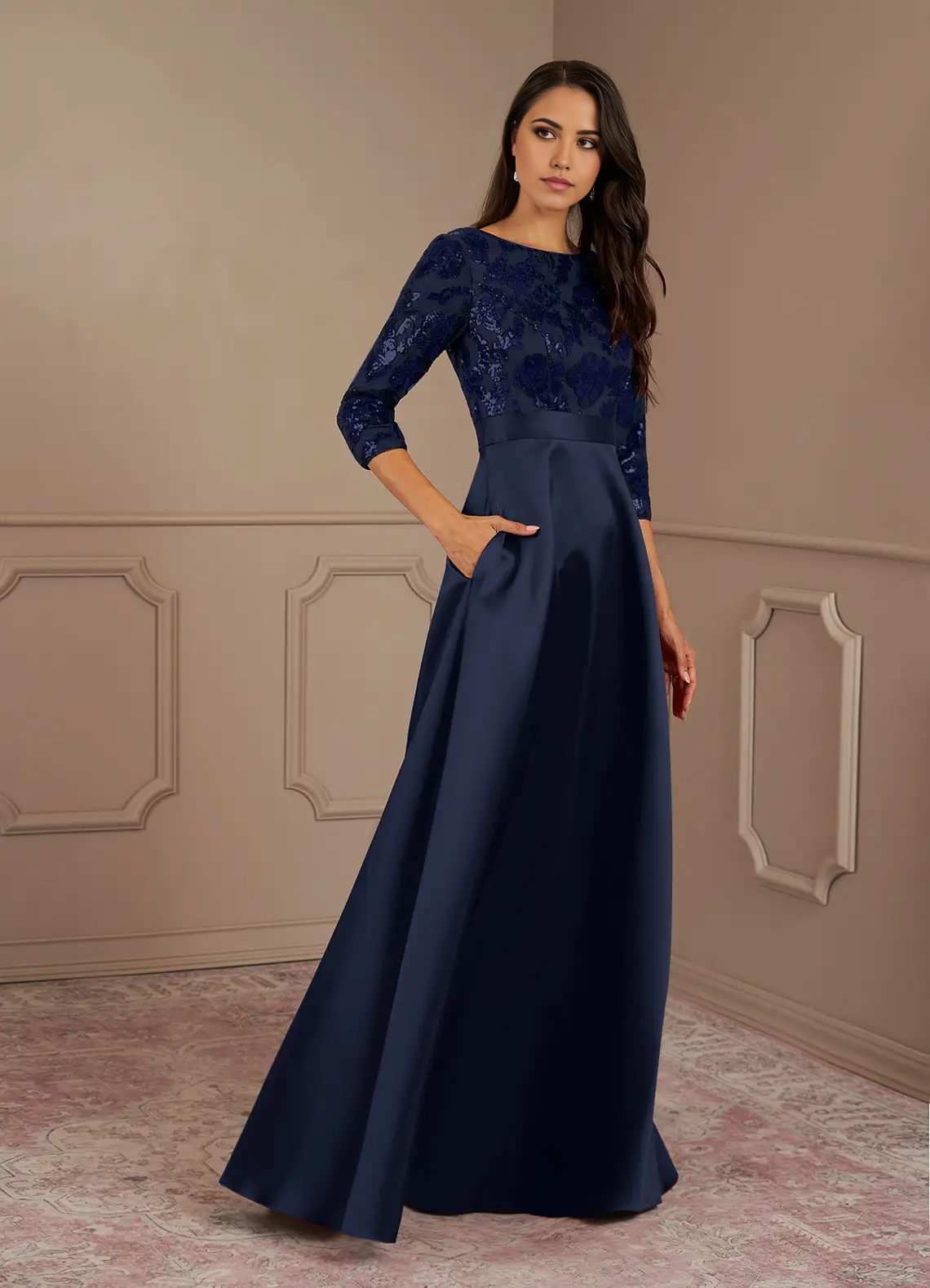 Wholesa A-Line Crew Neck Sequins Dark Navy formal dresses evening dress Mother of the Bride Dresses