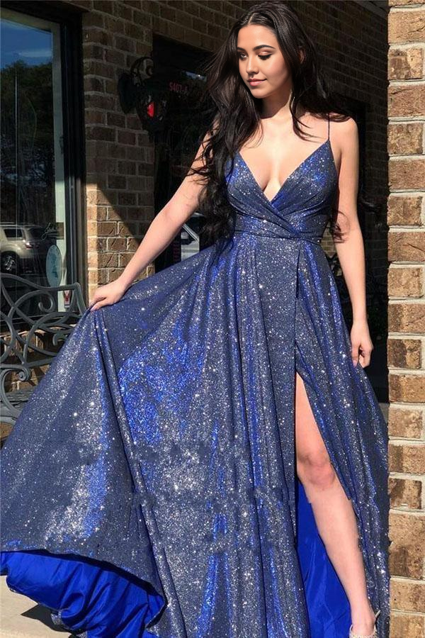 Wholesa A-Line Sparkly V Neck Straps Long Prom Dress Evening Dress